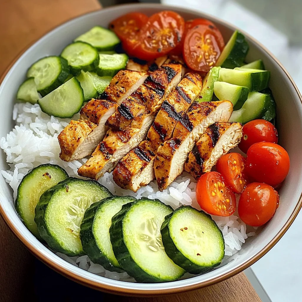 Grilled Chicken Rice Bowl with Avocado, Cucumber & Cherry Tomatoes